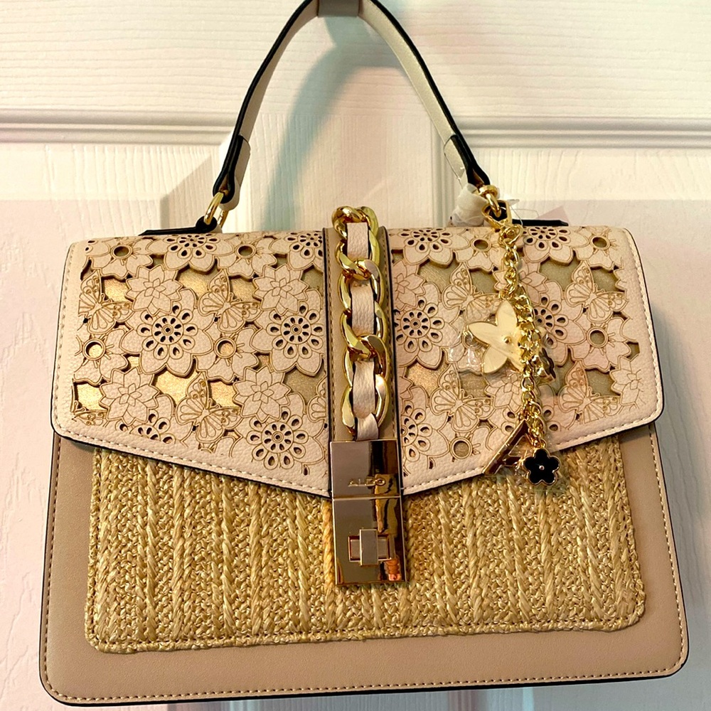 BNWT ALDO Laser Cut Design Tan Straw Faux Leather Crossbody Bag